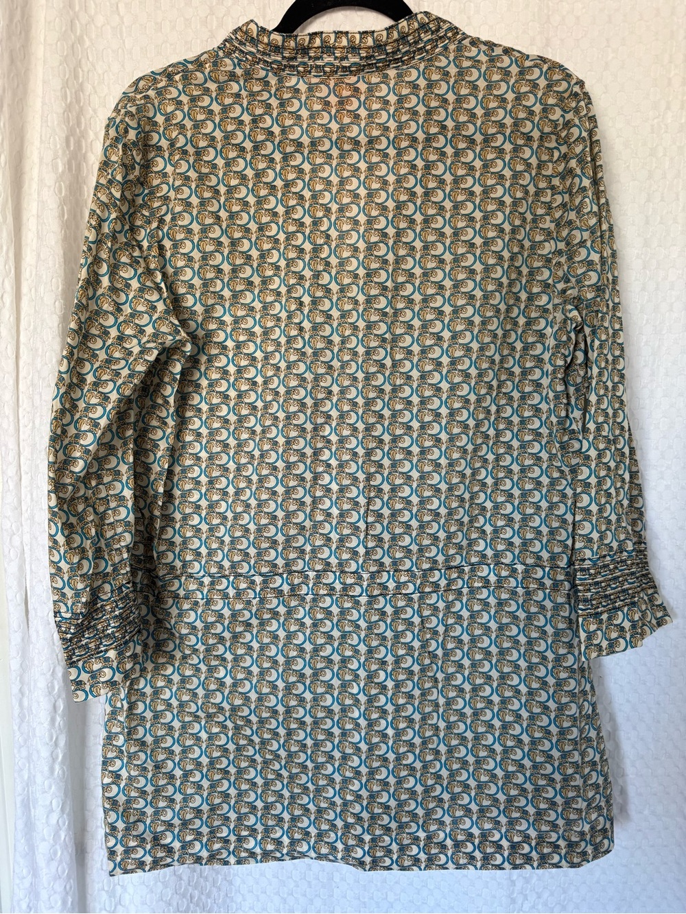 Tory Burch Elephant Print Cotton Tunic Blouse Size 12 Blue Ivory Boho Resort - Picture 4 of 8